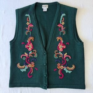 Koret Petites Green Floral Embroidered Wool Blend Sweater Vest Large vintage